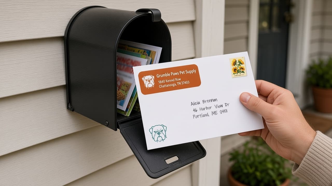 Hand pulling a handwritten Grumble Paws Pet Supply envelope from a porch mailbox