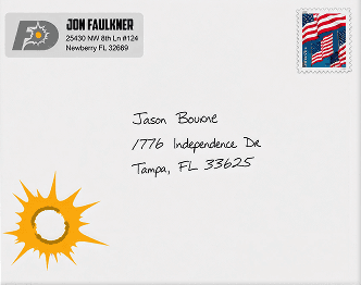 A custom-printed envelope with a handwritten address, return label and real stamp